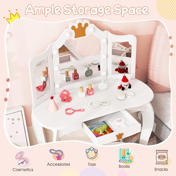 Costzon Kids Vanity with Lights, Girls Vanity Set with Mirror and Stool, Drawer, 2 in 1 Princess Makeup Desk Dressing Table, Kids Vanity Table and Chair Set (White)