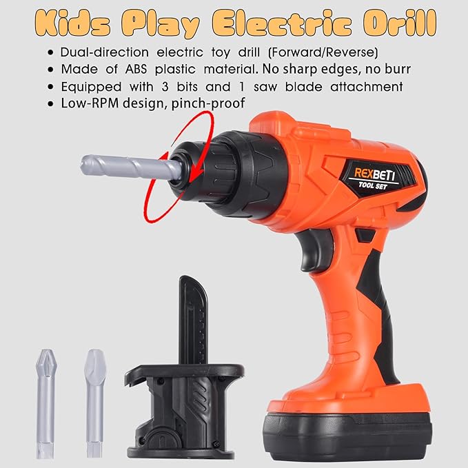 REXBETI Kids Tool Set with Tool Box and Electronic Toy Drill, Pretend Play Kids Construction Kits, Toddler Tool Set, Birthday Gifts for Kids Ages 3-8 Years Old