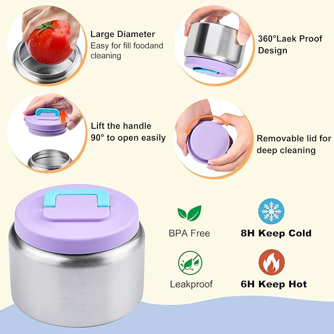 Bento Lunch Box for Kids with Thermos, Leakproof Bento Box with 8oz Insulated Food Jar, Insulated Bottle, Lunch Bag, BPA Free Dishwasher Safe 4 Compartment Container for School Girls Boys (Purple)