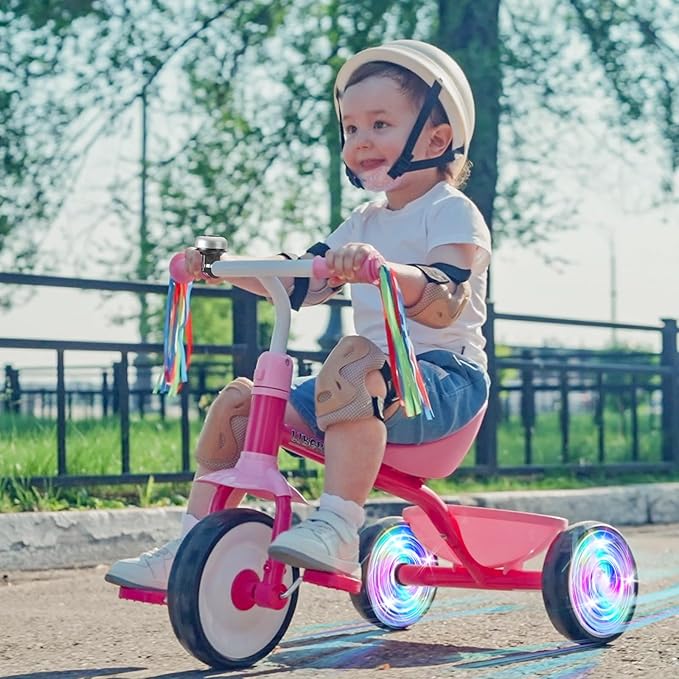 Liberry Toddler Tricycle Age 2 3 4 Years Old, Kids Trike with Light Up Wheels, Removable Pedal and Basket, 3 Wheel Bike Outdoor Indoor Riding Toy Gift for Girls Boys, Pink