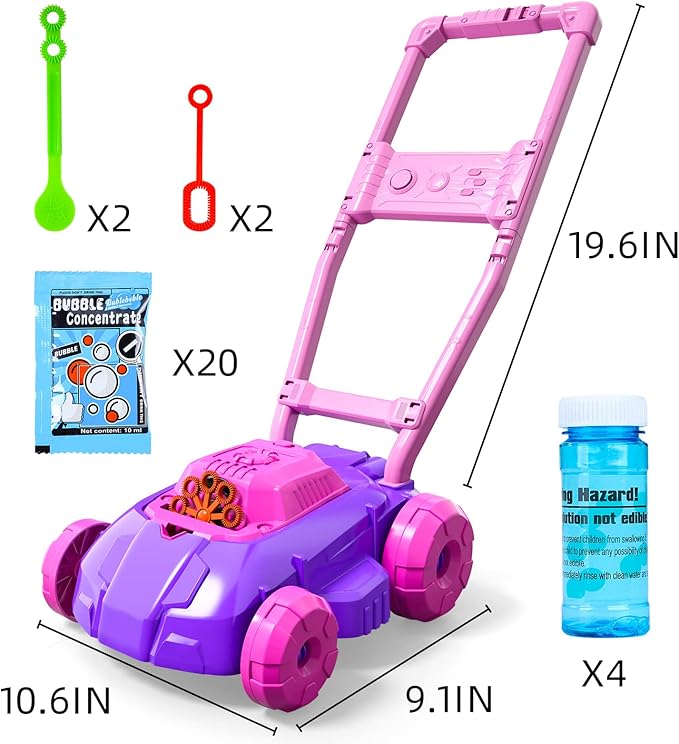 Bennol Pink and Purple Bubble Lawn Mower for Toddlers, Kids Automatic Bubble Blower Maker Machine, Outdoor Gardening Push Toys, Birthday Gifts for Preschool Baby Girls Boys