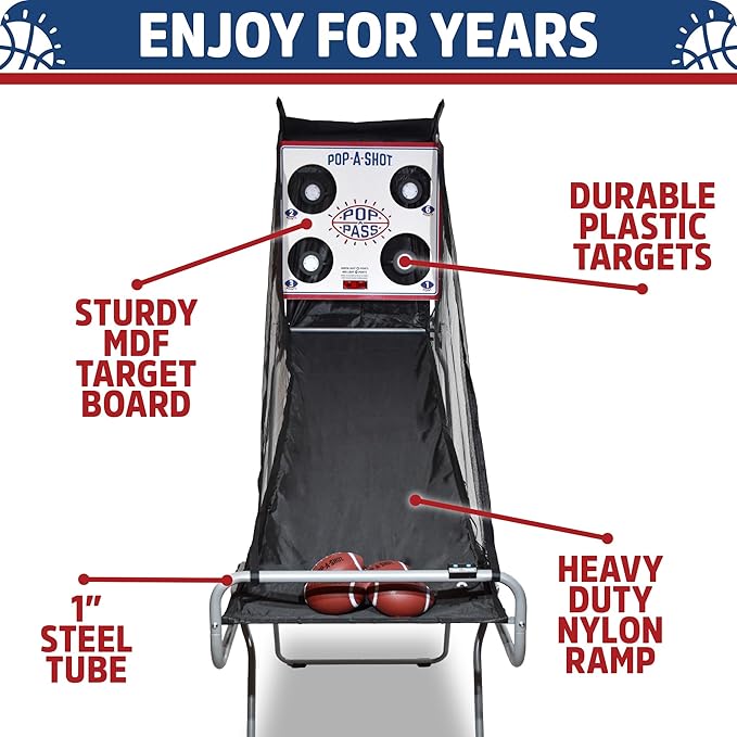 Pop-A-Shot | Official Pop-A-Pass Electronic Arcade Style Football Toss Game | 4 Inflatable Mini Footballs | Foldable, Portable, Tote Bag Included