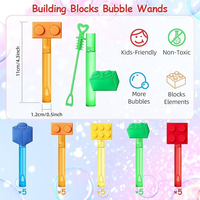 AMFZON 25Pcs Building Blocks Party Favors Bubble Wands for Kids, Brick Block Mini Bubbles Wand Toys, Building Blocks Birthday Party Supplies Goodie Gift Bag Stuffers Pinata Classroom Prizes