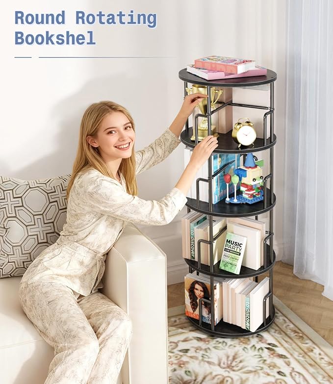 4 Tier Rotating Bookshelf Tower Round Black,50” Floor Standing Spinning Bookshelf Tower Anti-Tipping Design,Metal & Wood Revolving Bookcase Stackable Space Saving for Small Spaces,Study,Living Room
