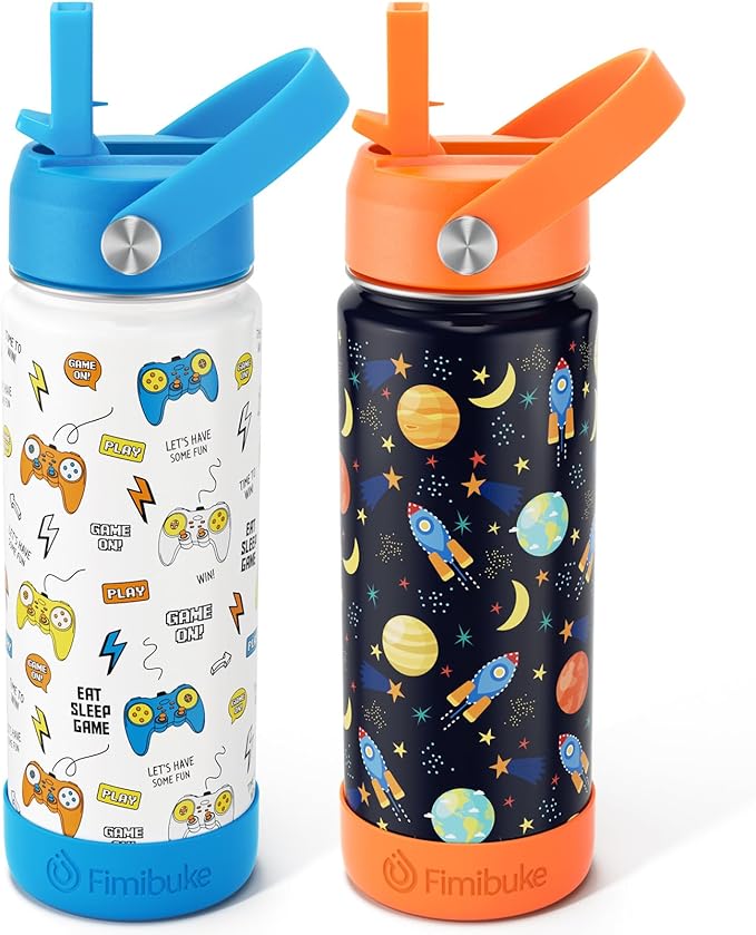 Fimibuke Kids Insulated Water Bottle, 18oz BPA FREE Kids Cups with Straw Double Wall Vacuum Tumbler 18/8 Stainless Steel Leak Proof Toddler Water Bottle for School Boys Girls (2 Pack, Game+Space)