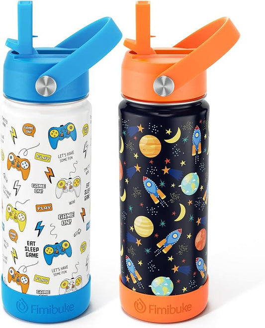 Fimibuke Kids Insulated Water Bottle, 18oz BPA FREE Kids Cups with Straw Double Wall Vacuum Tumbler 18/8 Stainless Steel Leak Proof Toddler Water Bottle for School Boys Girls (2 Pack, Game+Space)