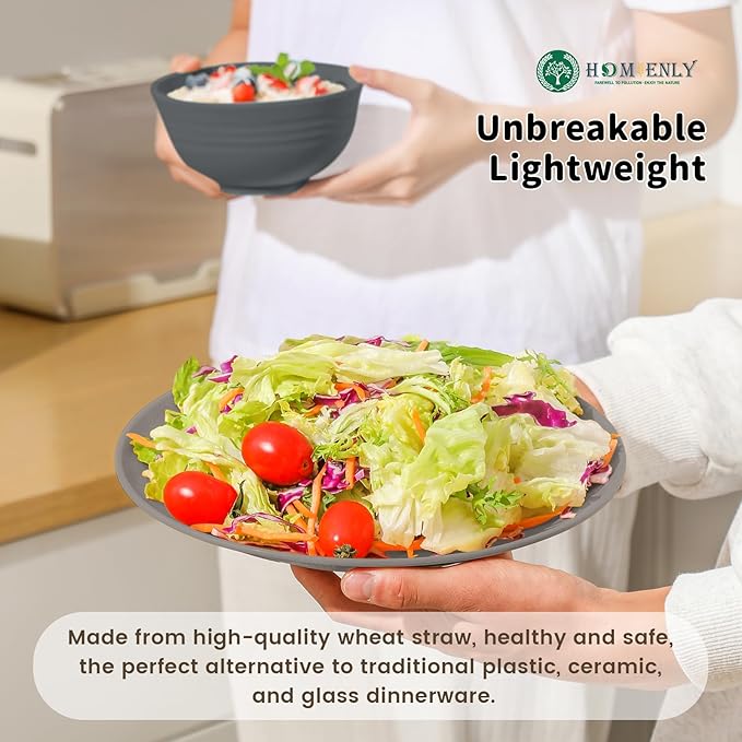 Homienly Wheat Straw Dinnerware Set - Dinner Plates, Cereal Bowls, Drinking Cups Set, Unbreakable 16 PCS Dish Set, Microwave and Dishwasher Safe Dishes for Home, Outdoor - Grey Stone