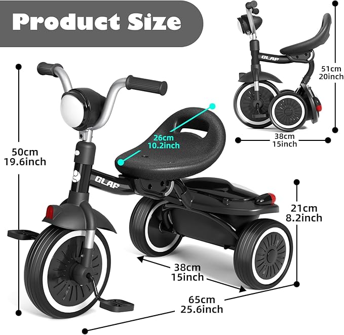 Glaf Toddler Bike for 2-5 Year Olds Tricycle for Toddler 1-3 Kids Tricycle Baby Bike with Adjustable Seat and Storage Basket Kids Trike Toys & Birthday Gifts for 1+ Years Old Boys Girl (Black)