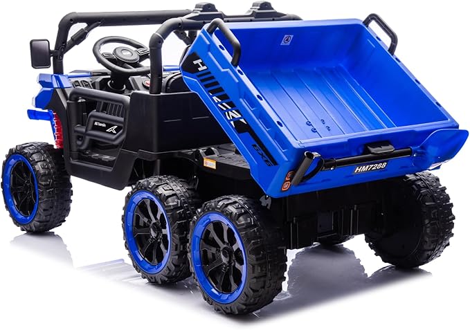 24V UTV 2 Seater Dump Truck with Remote Control, Electric Dump Bed, 4WD Power Ride on Truck Cars 6x6 Wheels, Music, Storage Trunk, Shovel for Kids-Blue