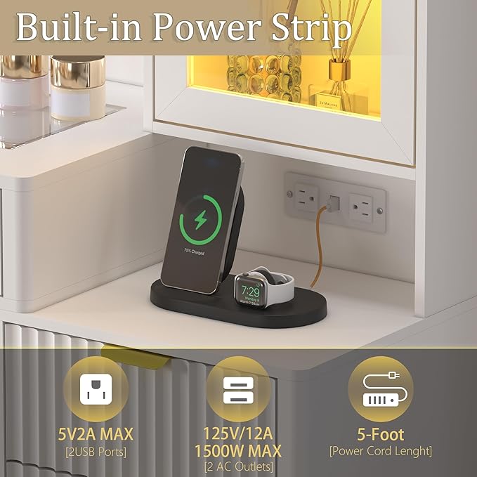 45” Fluted Makeup Vanity Desk with Mirror and Lights, Glass Top Dressing Table with 5 Drawers, LED Lighted Adjustable Cabinet, Trays & Charging Station for Bedroom Dressing Room