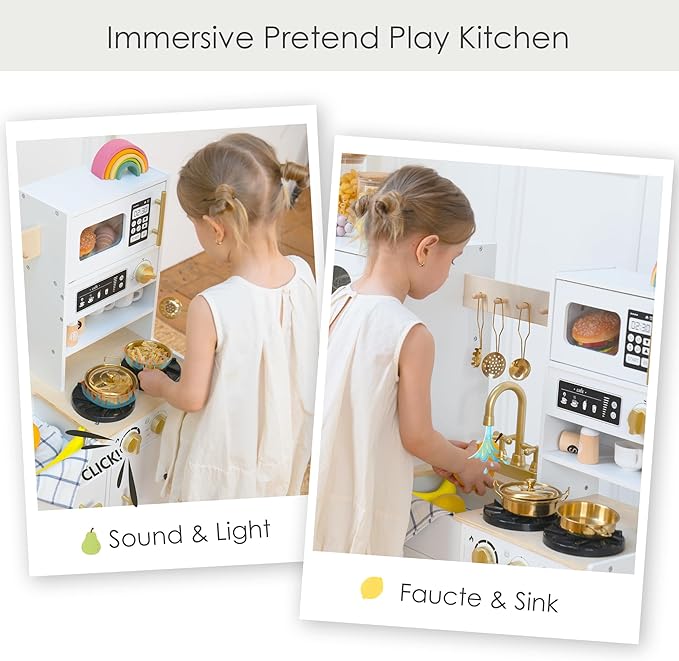 Wooden Play Kitchen Set - Realistic Pretend Play Kitchen with Stove, Sink, Coffee Maker & 11 Fun Accessories | Montessori Toy Kitchen for Toddlers Ages 3+