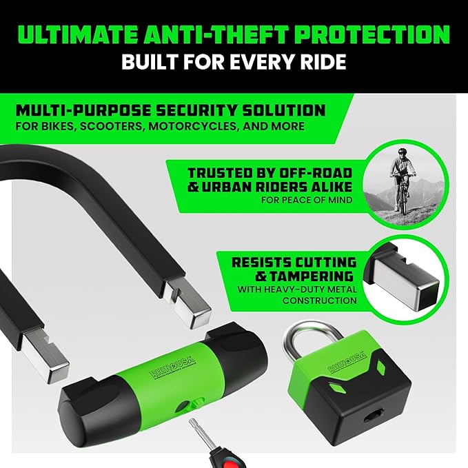 Rhino USA Bike Lock Set - Heavy Duty Anti Theft U Lock, 4FT Steel Security Cable, Padlock, 4 Lighted Keys. Dual Purpose Locks for EBike, Motorcycle, Electric Scooter, Bicycle