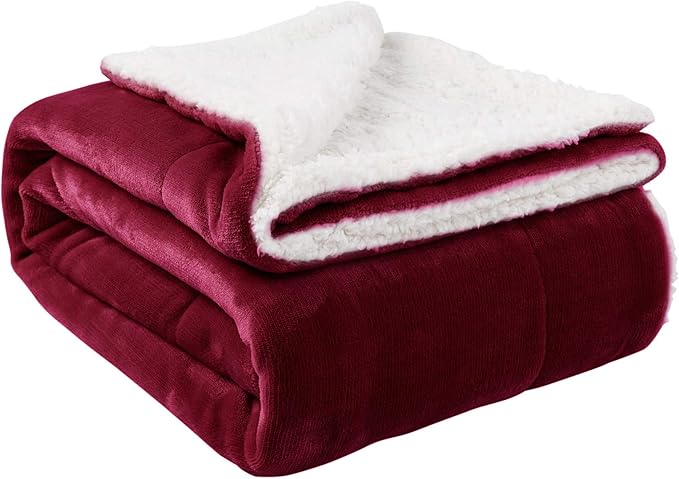 NANPIPER Sherpa Blanket Twin Thick Warm Blanket for Winter, Super Soft Fuzzy Flannel Fleece/Wool Like Reversible Velvet Plush (Wine Red, Twin Size 60"x80")