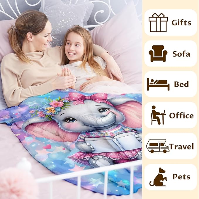 Kids Blanket for Girls Elephant Blankets Elephant Theme Gift, Cute Cozy Soft 60 x 50 Inches Flannel Throws for Bed Travel Sofa Living Room Decor