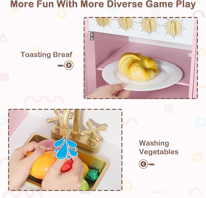 Kids Kitchen Playset, Wooden Play Kitchen with Toy Storage System, Pretend Play Kitchen Set Toy with Range Hood, Ice Maker & Coffee Maker, for Kids Ages 3+, Pink