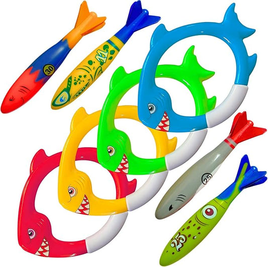 Haktoys Shark Dive Rings & Pool Diving Toys – 8-Piece Sinking Torpedoes and Fish Rings for Kids Swim Training, Boys Pool Games & Underwater Summer Fun