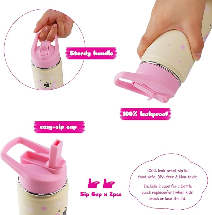 16 oz Stainless Steel Insulated Kids Water Bottle, Leak Proof Metal Thermal Flask with Straw lid, Cute Toddler Tumbler Cup for School Girls & Boys (Pink, Bunny)