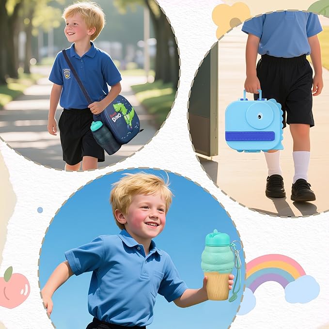 Dinosaur Lunch Box for Kids with Secret Compartment | 4 Compartments Bento Box + 12oz Insulated Food Jar | Leak-Proof Sauce Cup & Collapsible Spoon | BPA-Free, Dishwasher Safe(Blue+Blue Jar)