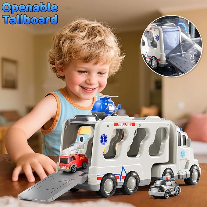 Ambulance Truck Toys Set for Kids Toddlers 1-3 3-5 Years Old, Carrier Truck Playset with Toy Cars, Light and Sound, City Learning Toys for Toddlers, Birthday Gifts for Boys Girls Aged 2-4 4-8