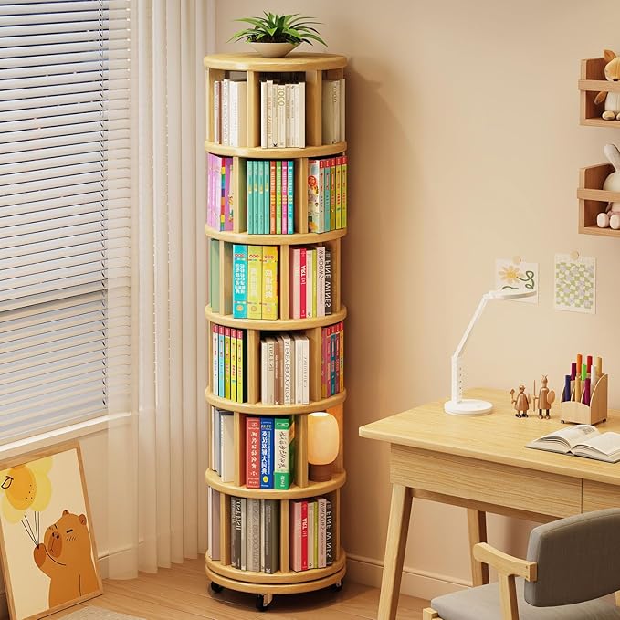6 Tier Rotating Bookshelf 360° Solid Wood Spinning Book Shelf Tower on Wheels Rolling Revolving Bookcase for Small Spaces, Corner, Bedroom, Kids Room, Office