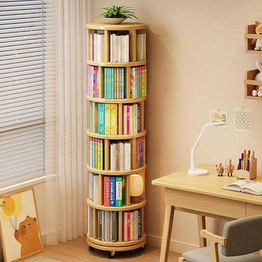 6 Tier Rotating Bookshelf 360° Solid Wood Spinning Book Shelf Tower on Wheels Rolling Revolving Bookcase for Small Spaces, Corner, Bedroom, Kids Room, Office