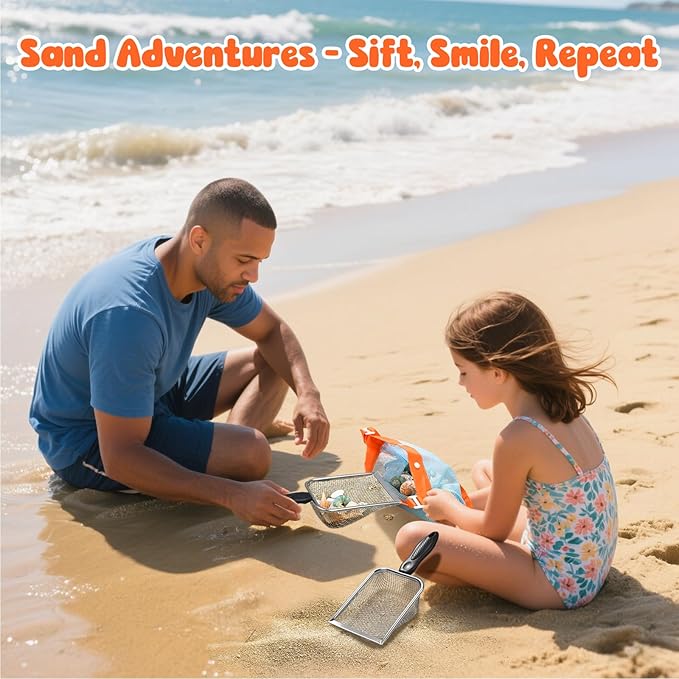 2 PCS Beach Mesh Shovel Sand Sifters with 2 PCS Mesh Beach Bag, Shark Tooth Sifter for Shell Collecting, Filter Sand Scooper Shells Tools for Boys and Girls