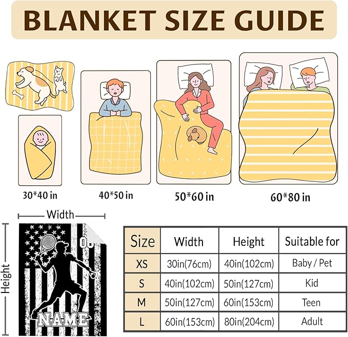 Tennis Gifts for Kids Son Grandson, Personalized 40x30 Inches Small Lap Size Soft Cozy Warm Custom with Name Tennis Blankets for Sofa Chairs