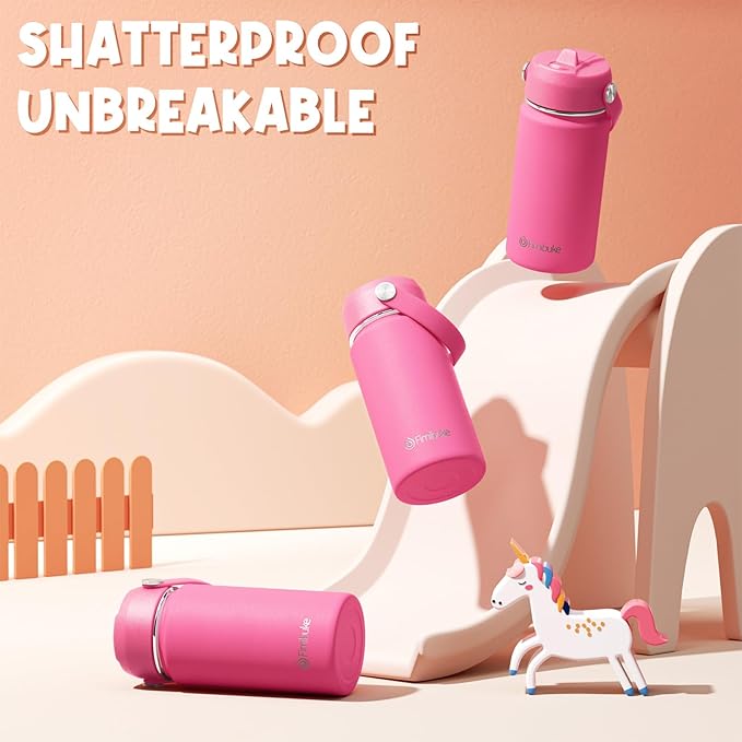 Fimibuke Kids Insulated Water Bottle, 14oz BPA FREE 18/8 Stainless Steel Travel Tumbler Double Wall Vacuum Leak Proof Kids Cup with Straw Metal Water Bottle for School Boys Girls(1 Pack, Magenta)