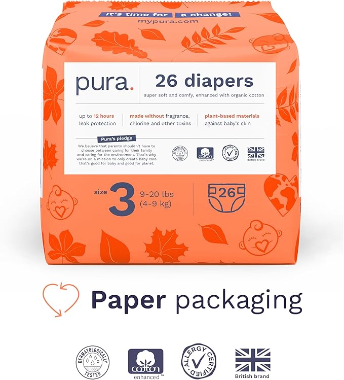 Pura Hypoallergenic Diapers, Size 3 (9-20 lbs) Monthly Pack, Overnight, up to 12 Hours Leak Protection, Suitable for Sensitive Skin, TCF, Super Soft Organic Cotton, 6 Packs of 26 (156 Baby Diapers)