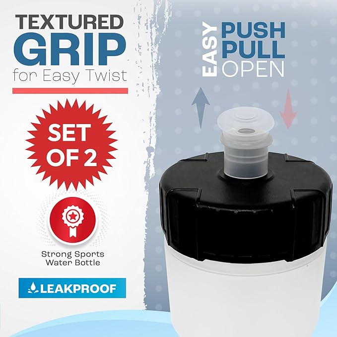 50 Strong Sports Water Bottles – Reusable 22 oz BPA-Free Plastic Bottles with Pull Top Cap – Made in USA – Top Rack Dishwasher Safe – Fits Most Bike Cages Brand