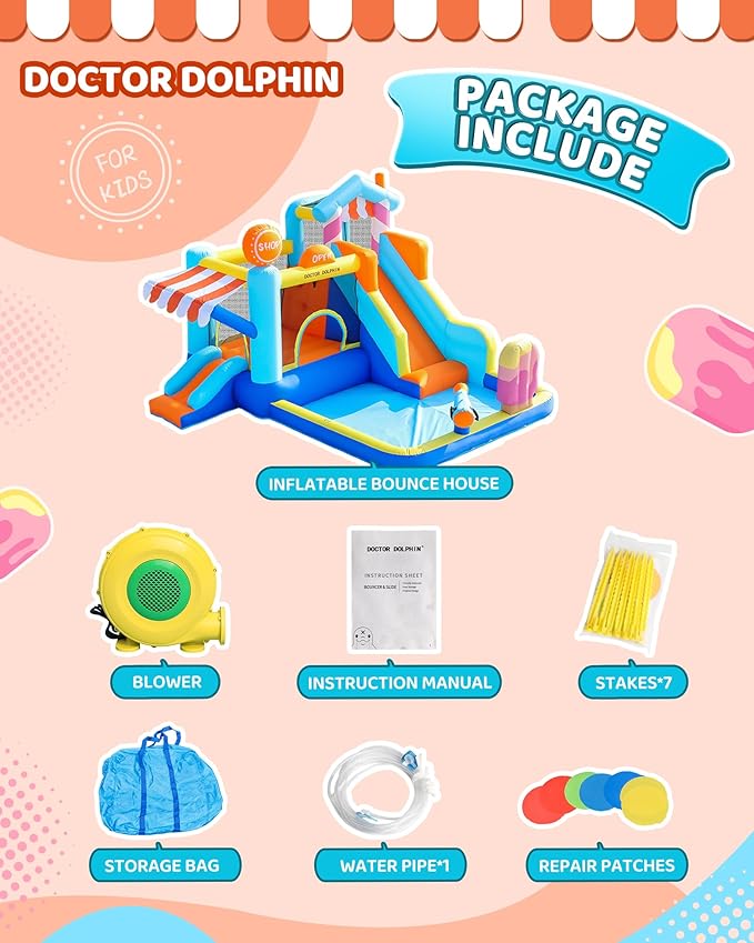 Doctor Dolphin Inflatable Bounce House with Slide and Blower for Kids, Double Slide Jumping Inflatable Bouncer Blow Up Bouncy Castle with Ball Pit for Indoors and Outdoors