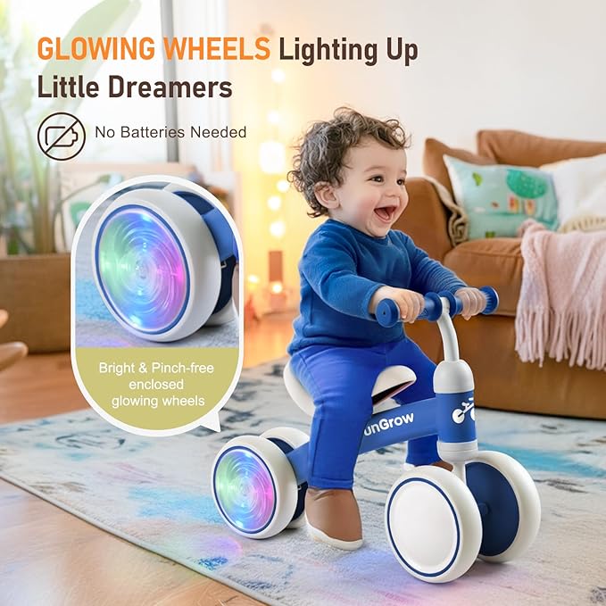 Colorful Lighting Baby Balance Bike Toys for 1 Year Old Boys Gifts, Balance Bike 1 Year Old No Pedal, 12-24 Months Toddler Ride on Toys with 4 Silent Wheels & Soft Seat, 1st Birthday Gifts, Blue
