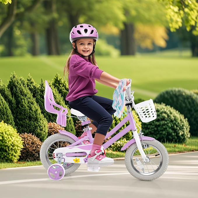 BABY JOY Kids Bike, 12 14 16 18 Inch Children Bicycle w/Detachable Training Wheels, Storage Basket, Adjustable Seat & Handlebar, Bow or Streamer, Girls Bike for 3-8 Years Old