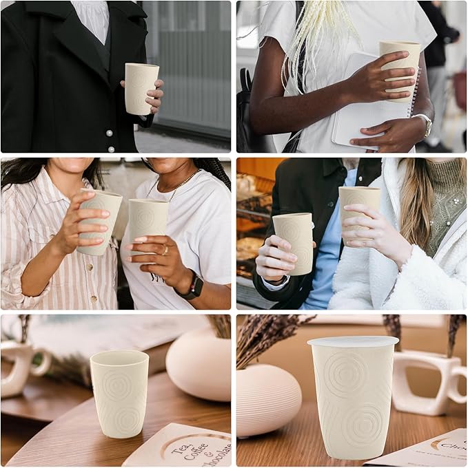 Wheat Straw Cups with Silicone Covers 16oz Set of 6 - Alternative Plastic Cups Microwave & Dishwasher Safe - Plastic Drinking Cups Unbreakable for Kids - Beige