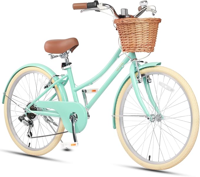 Glerc 20 24 26 Inch Beach Cruiser Bike, 6-Speed Hybrid City Bicycle for Girls Youth and Over 6 Years Old, Missy Bike with Wicker Basket & Lightweight, Multiple Colors