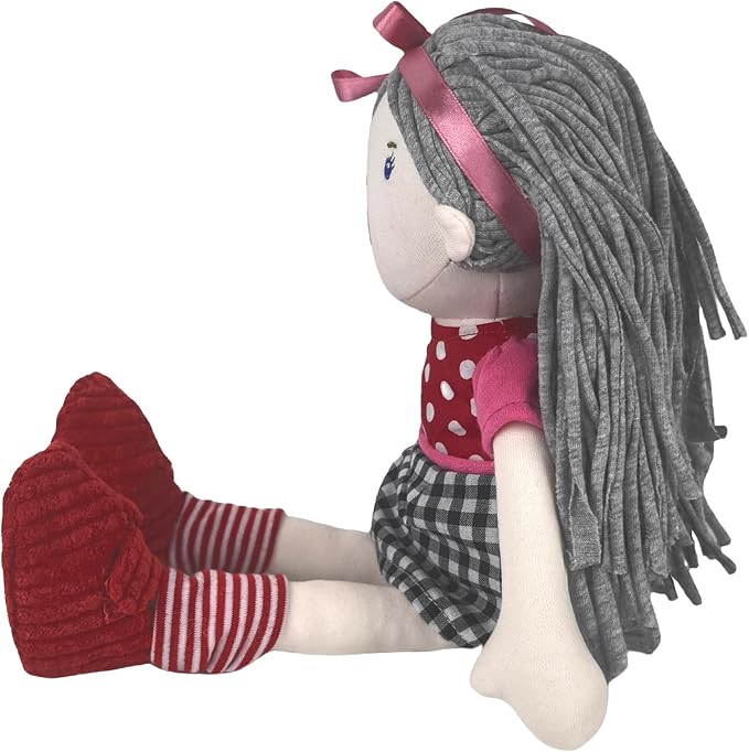 13” Soft Baby Doll Toy, Plush Rag Doll Featuring Gray Flowing Hair, Pink Headband, Polka - Dot & Checkered Dress, Ideal Stuffed Toy for Kids' Gifting & Play