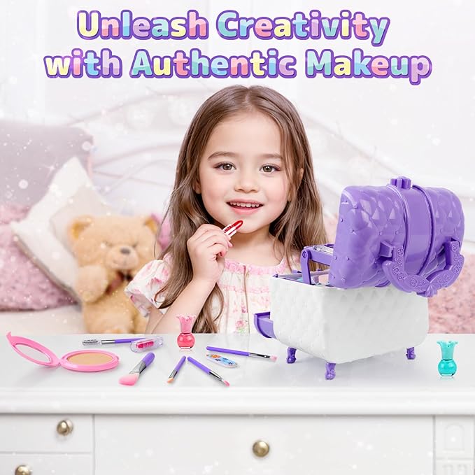 Kids Makeup Set for Girl, Real Washable Cosmetic Children's Toy Makeup Box Set with Mirror, Gentle & Skin-Friendly Princess Dress Up Kit, 40 Pcs, Present for Ages 3+ (Purple)