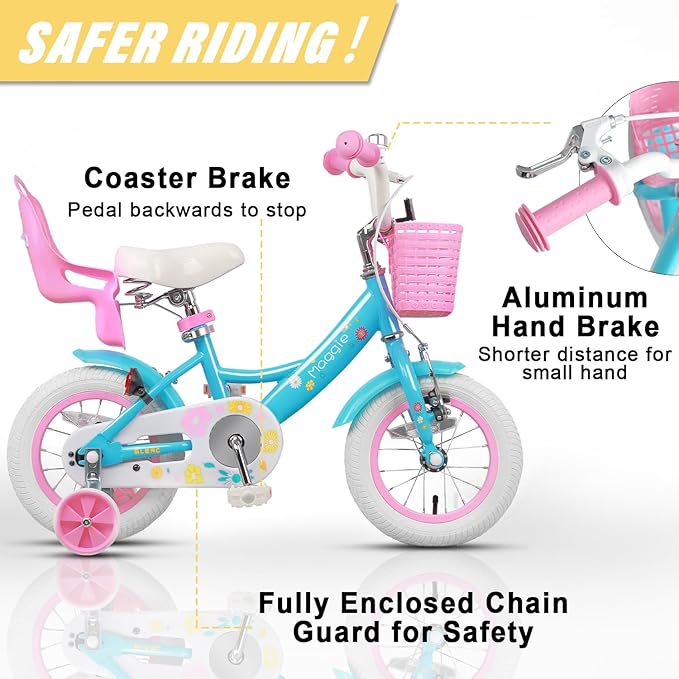 Glerc Maggie Girls Bike, 12-20 Inch Kids Bike for 2-13 Years Old Children, Princess Style Kids Bicycle with Doll-Seat & Basket & Training Wheels, Multiple Colors