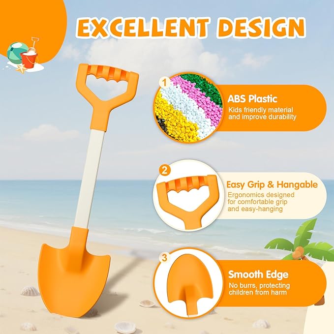 20” Long Sand Beach Shovels for Kids Heavy Duty Plastic Summer Sand Scoops Spades Toy Sandbox Garden Snow Digging Play Gift Set Party Bundle 2 Pack Orange