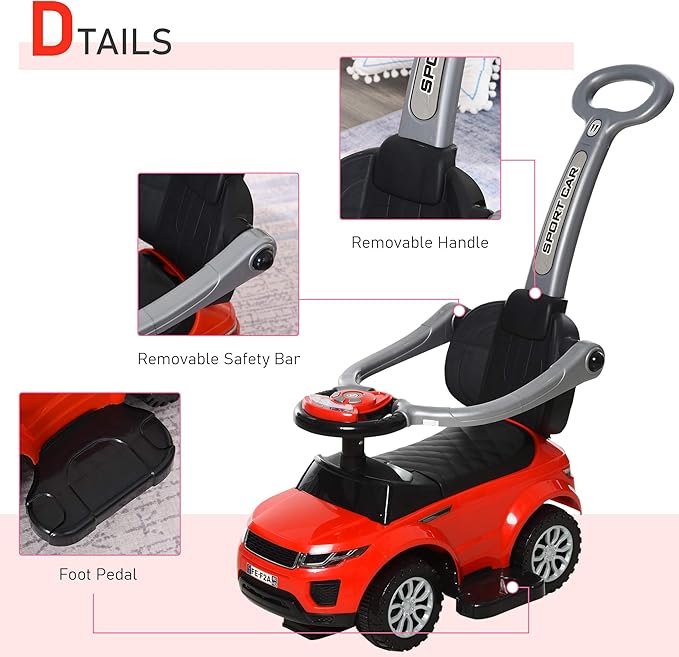 Aosom 2 in 1 Push Cars for Toddlers Kid Ride on Push Car Stroller Sliding Car with Horn Music Light Function Secure Bar Ride on Toy for Boy Girl 1-3 Years Old Red