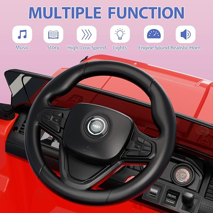 Garvee 12V Kids Ride On Truck Car, Battery Powered Electric Vehicles with Remote Control, Spring Suspensions, 3 Speeds, LED Lights, Music, MP3, Ride On Toy Car for Children Toddles Boys Girls, Red