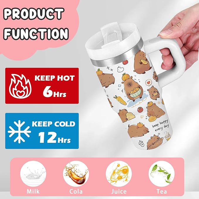 Capybara Gift for Women, 14oz Capybara Tumbler with Handle, Lid & Straw - Vacuum Insulated Stainless Steel Travel Mug - Hot/Cold Car Cup for Commuting, Office - Kawaii Water Bottle Gifts for Adults