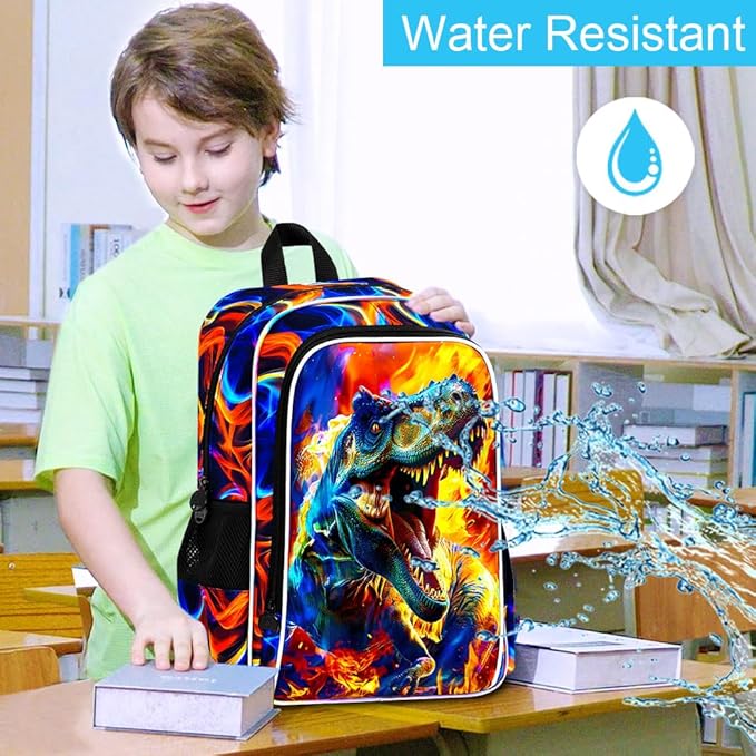 17" Dinosaur Backpack for Boy, 3Pcs Fire Bookbag for Elementary Preschool Kindergarten, Kids School Backpacks with Lunch Box (Red)