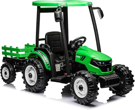 Kidsera 24V Ride on Tractor with Trailer, 4-Gearbox 24volt Dual Motors Metal Frame Battery Powered Electric Tractor Kids Electric Vehicles Power Wheels 24v Ride on Toys for Big Kids (Green)