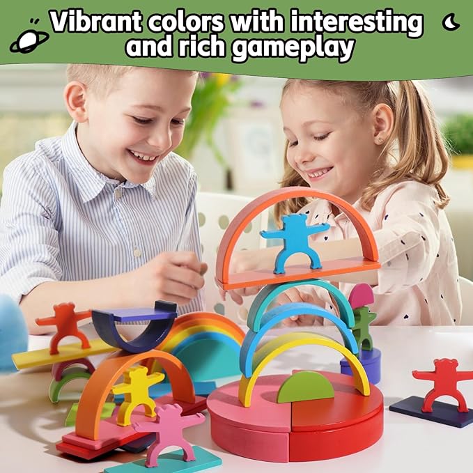 40-Piece Wooden Rainbow Stack Set, 4-in-1 Building Blocks preschoolers Early Development & Activity Toys Montessori Toys for Kids 1 2 3 4 Years and Older Gifts for Boys and Girls