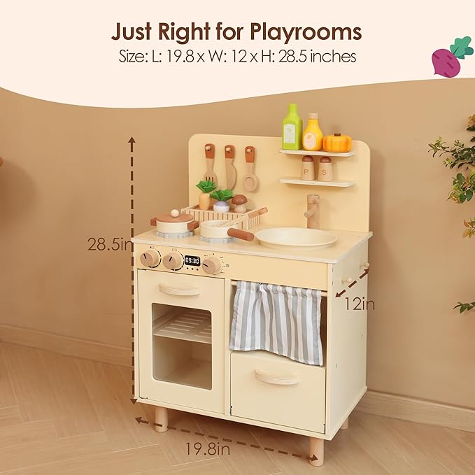 Wooden Play Kitchen for Kids, Realistic Pretend Kitchen Playset with Swivel Faucet & Kitchen Accessories Set for Toddlers Ages 3+