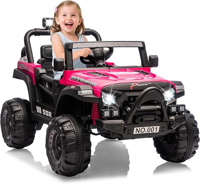 Kids Ride On Truck Car, 12V Ride On Toy Battery Powered Vehicles w/Parent Remote, Spring Suspension, Electric Car for Kids with Bluetooth Music, LED Light, Ideal Car Gift for Boys Girls, Rosy