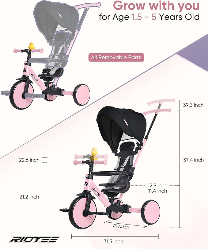 8-in-1 Tricycle for 1.5-5 Years, Tool-Free Switch, Toddler Tricycle with Parent Steering Control Handle for 1.5 to 5 Yrs, Toddler Trike 1.5-3 Years with 5-Point Harness and Large Canopy, Pink