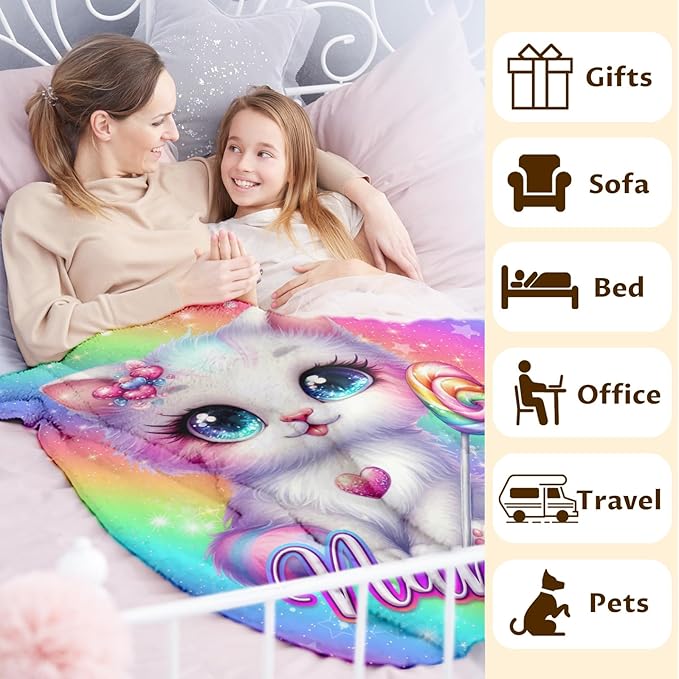 Blanket for Kids Toddlers Girls Age 3-5 Personalized Cute Cat Themed Stuff Throws, 30x40 Inches Small Soft Fluffy Warm Customized Name Cat Prints Throws Gifts for Sofa Chairs Lap