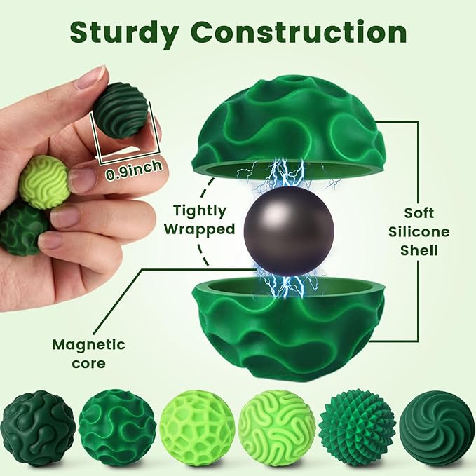 LovesTown 6PCS Silicone Magnetic Fidget Balls, Stress Balls for Adults Teens Quiet Fidget Toys with Texture for Office School Birthday Gift (Green)